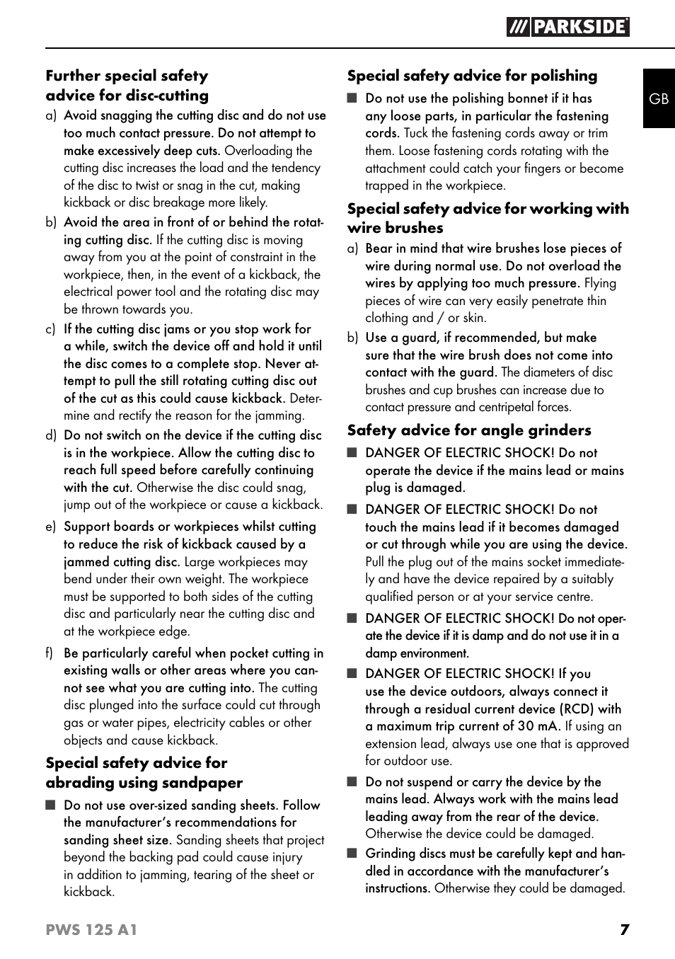 Parkside PWS 125 A1 User Manual | Page 10 / 105