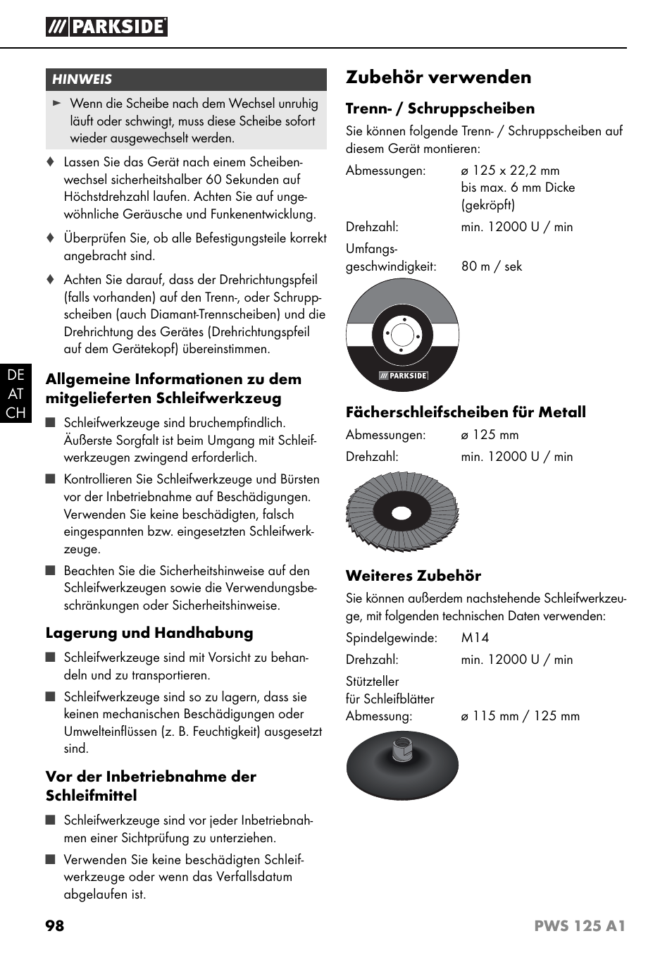 Zubehör verwenden | Parkside PWS 125 A1 User Manual | Page 101 / 105