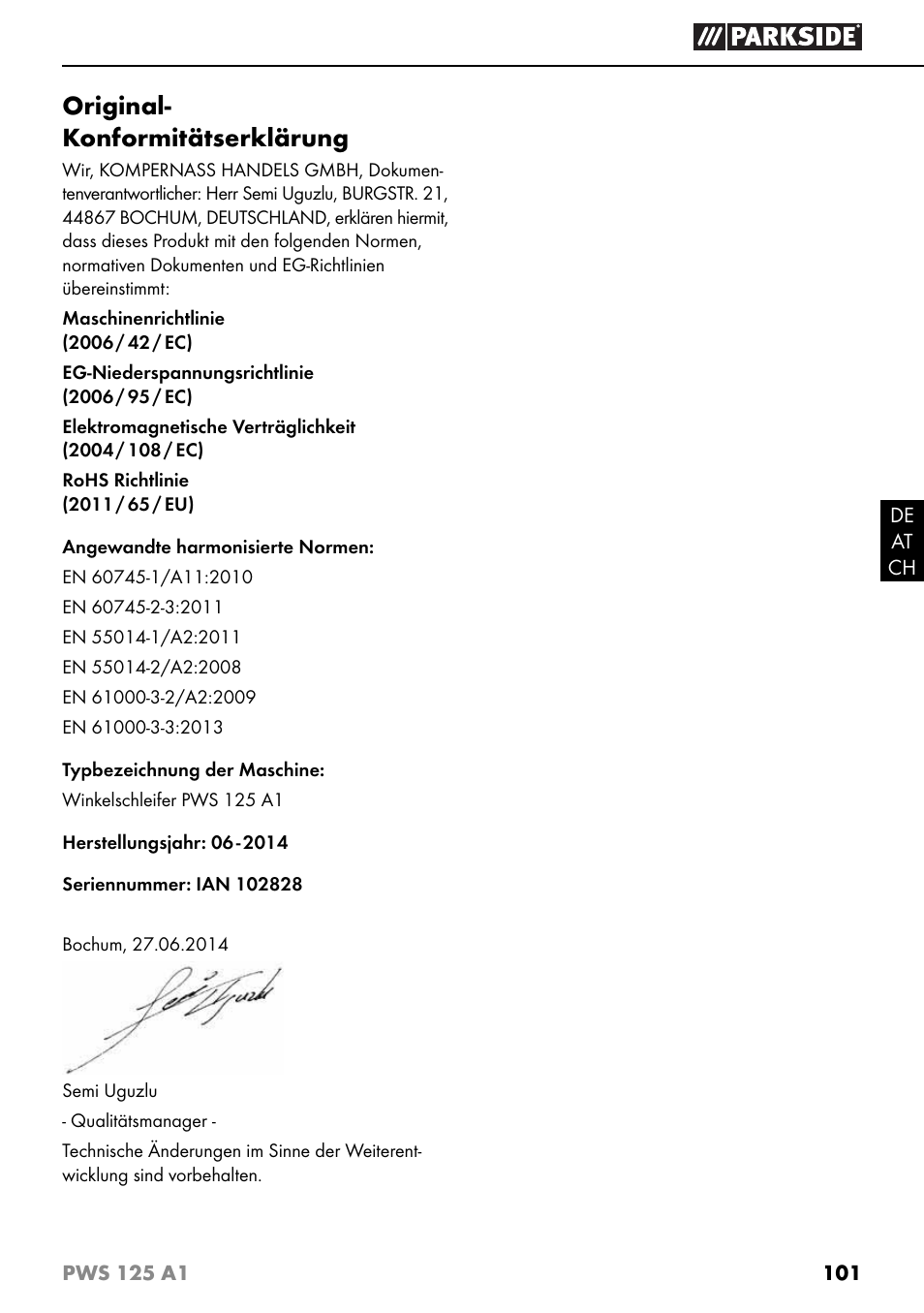 Original- konformitätserklärung | Parkside PWS 125 A1 User Manual | Page 104 / 105