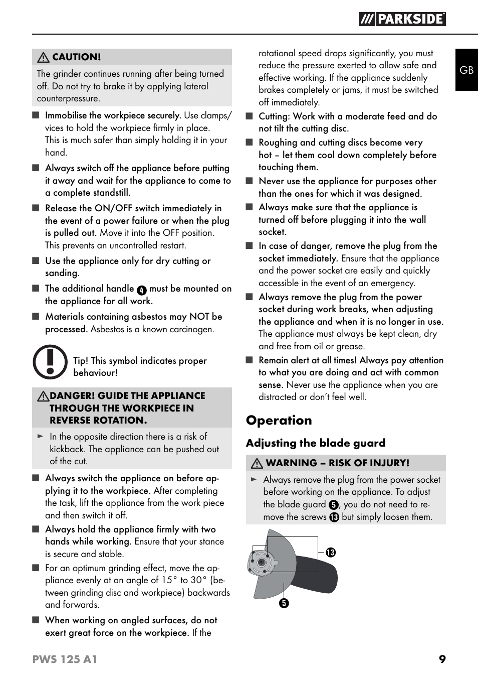 Operation | Parkside PWS 125 A1 User Manual | Page 12 / 105