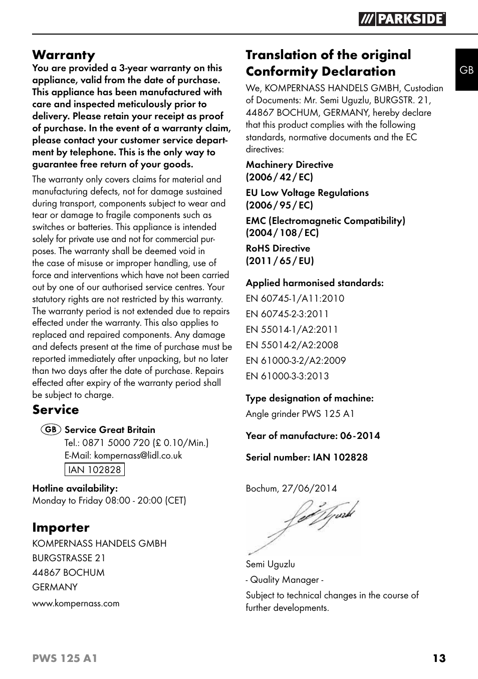 Warranty, Service, Importer | Translation of the original conformity declaration | Parkside PWS 125 A1 User Manual | Page 16 / 105