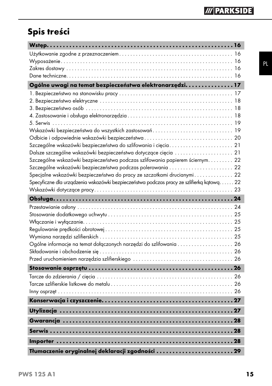 Parkside PWS 125 A1 User Manual | Page 18 / 105