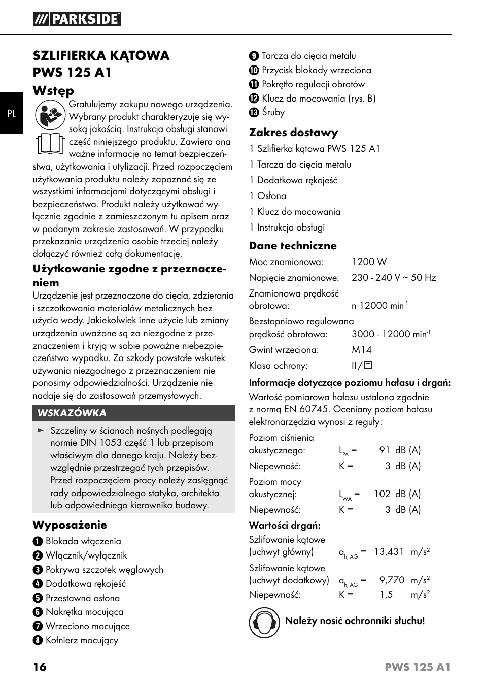 Szlifierka kątowa pws 125 a1 wstęp | Parkside PWS 125 A1 User Manual | Page 19 / 105