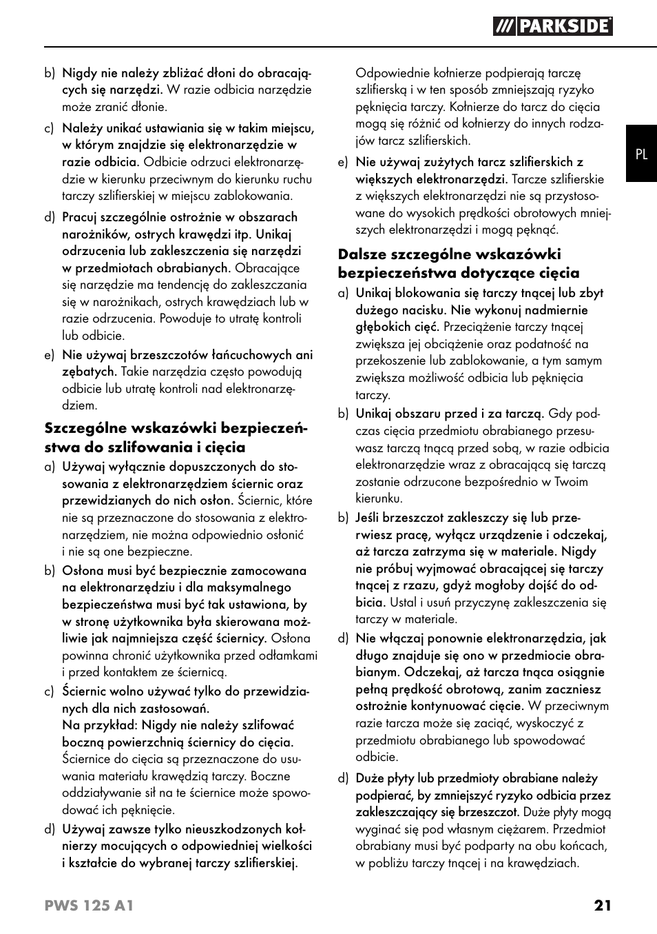 Parkside PWS 125 A1 User Manual | Page 24 / 105