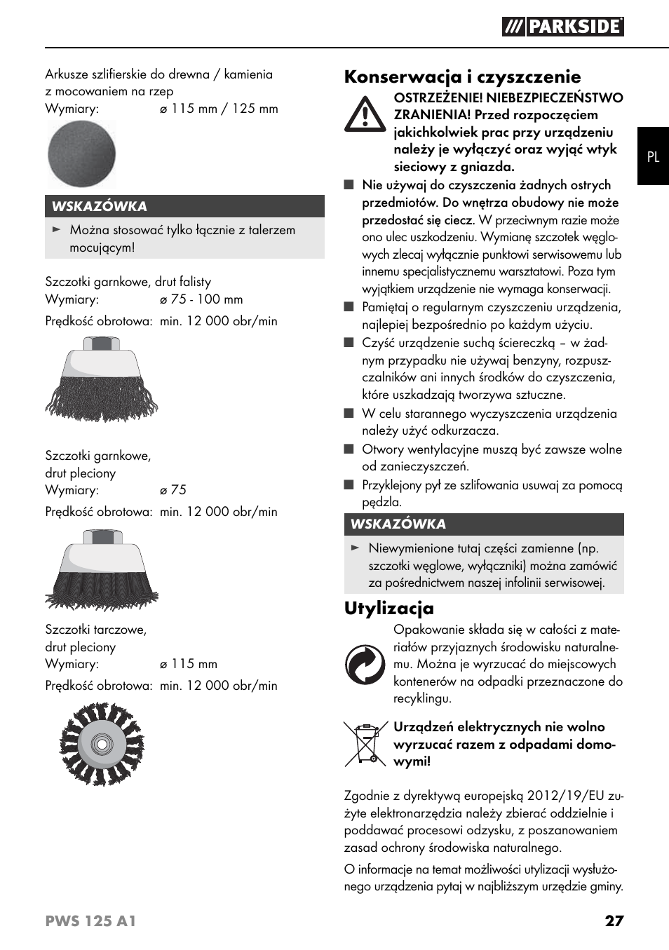 Konserwacja i czyszczenie, Utylizacja | Parkside PWS 125 A1 User Manual | Page 30 / 105