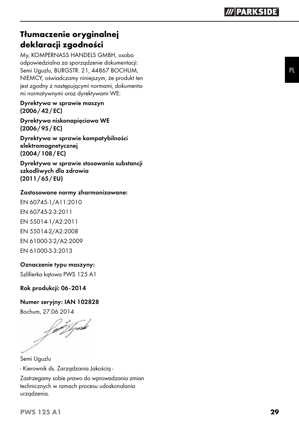 Tłumaczenie oryginalnej deklaracji zgodności | Parkside PWS 125 A1 User Manual | Page 32 / 105