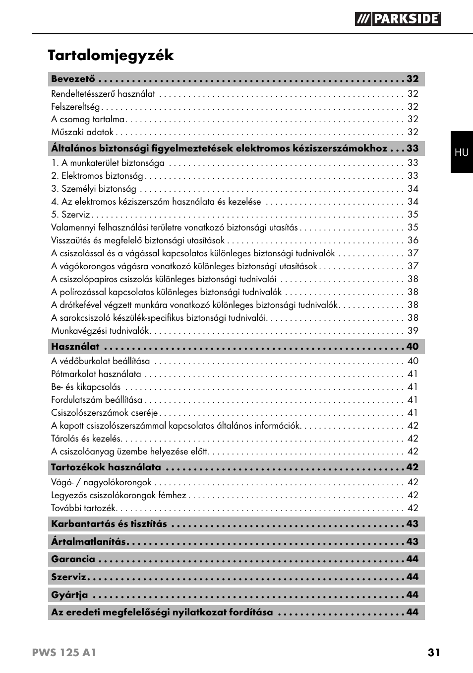 Tartalomjegyzék | Parkside PWS 125 A1 User Manual | Page 34 / 105