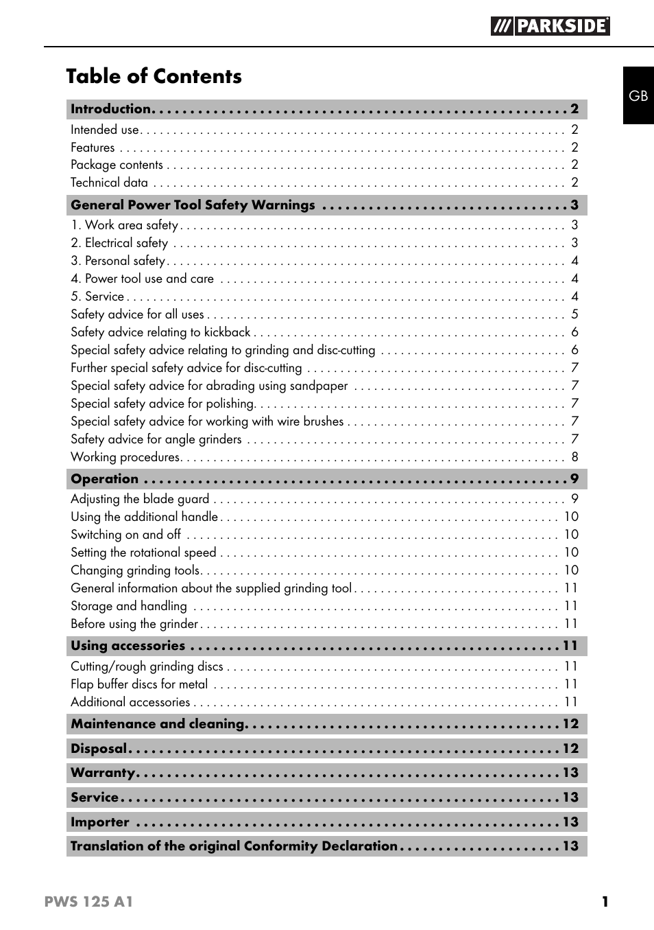 Parkside PWS 125 A1 User Manual | Page 4 / 105
