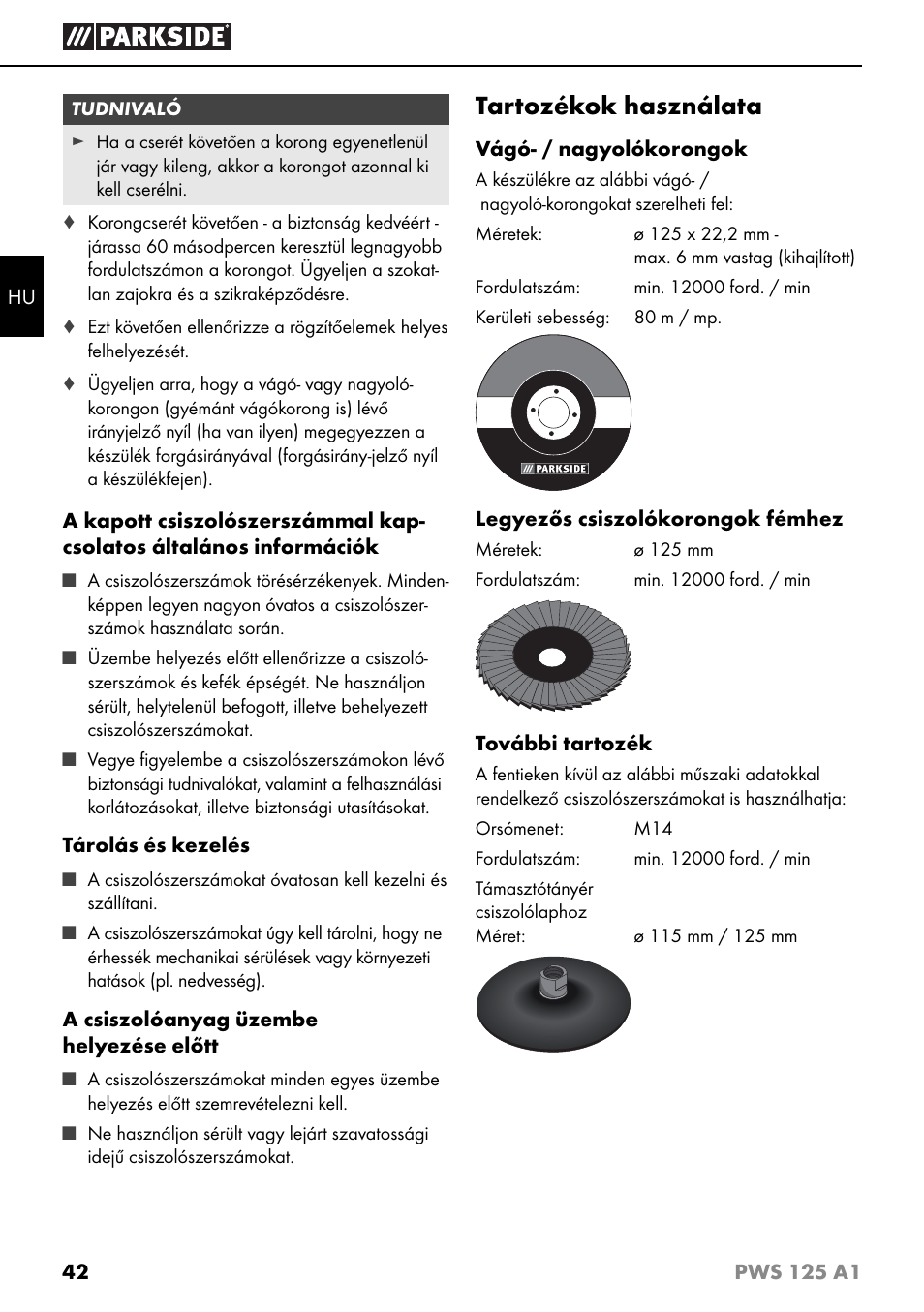 Tartozékok használata | Parkside PWS 125 A1 User Manual | Page 45 / 105