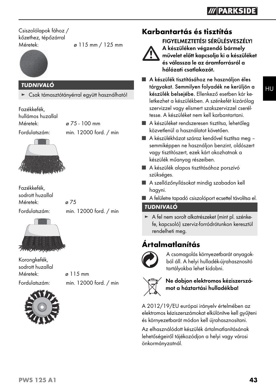 Karbantartás és tisztítás, Ártalmatlanítás | Parkside PWS 125 A1 User Manual | Page 46 / 105
