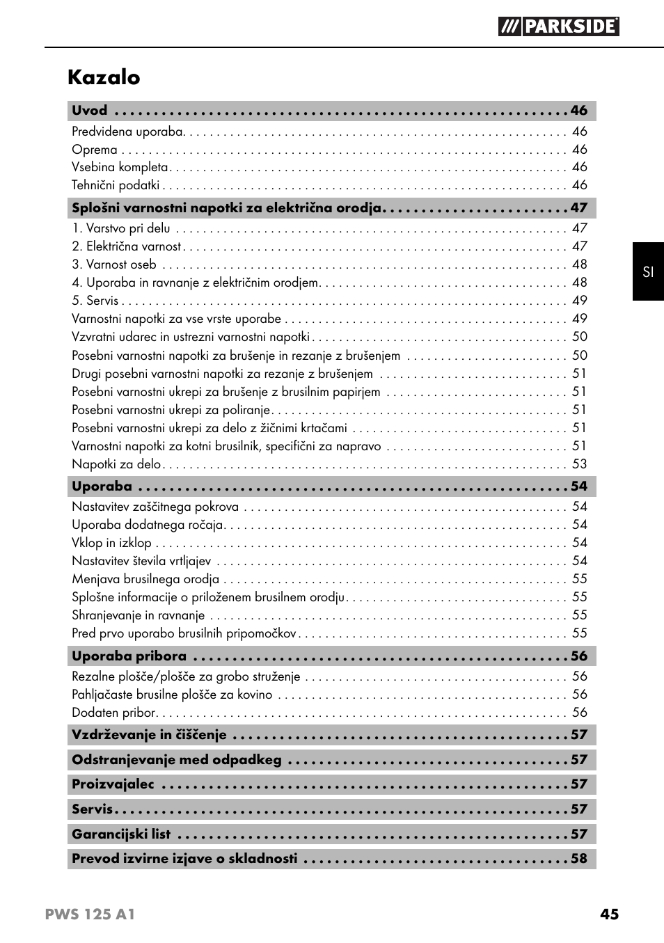 Kazalo | Parkside PWS 125 A1 User Manual | Page 48 / 105