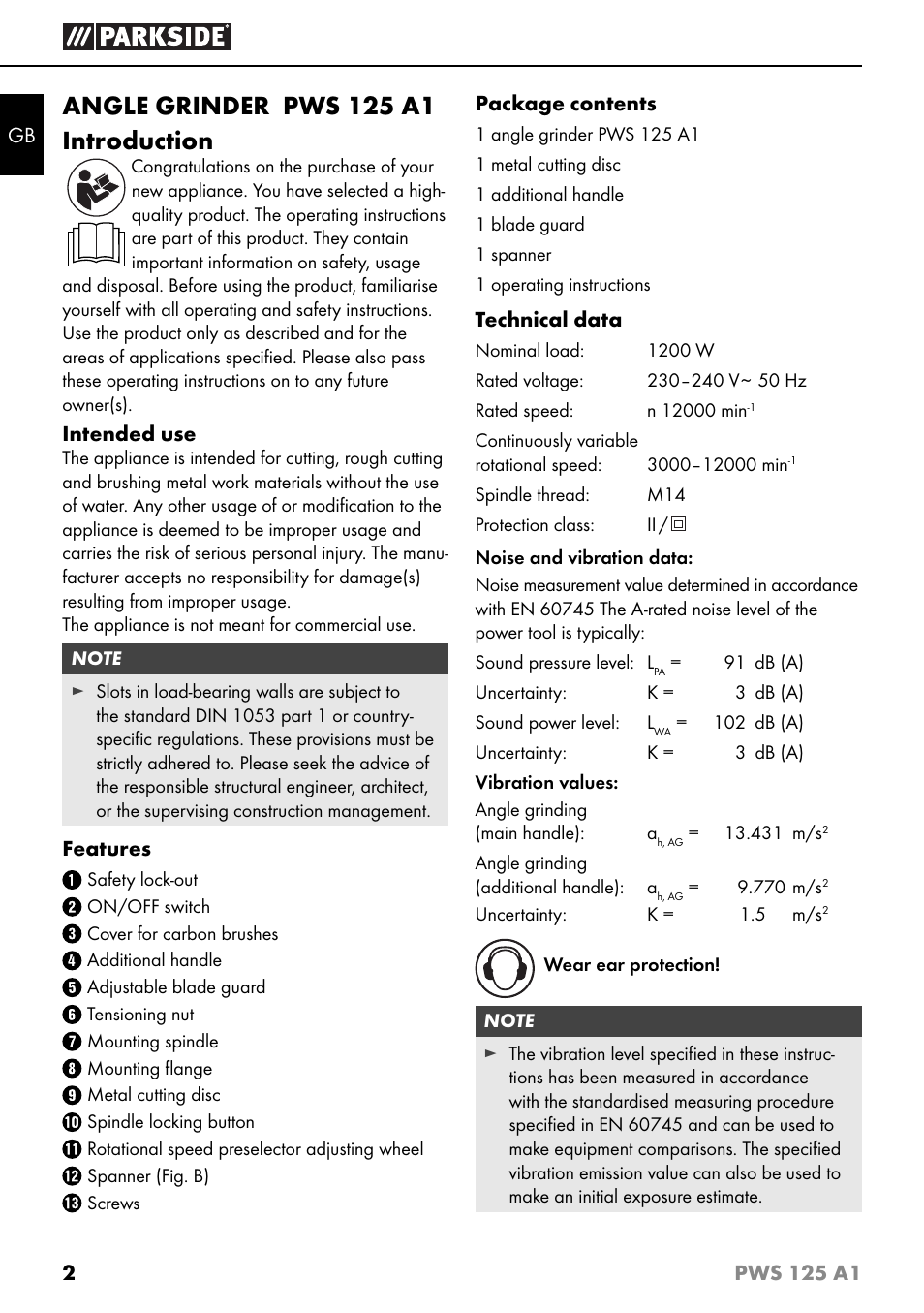 Angle grinder pws 125 a1 introduction | Parkside PWS 125 A1 User Manual | Page 5 / 105