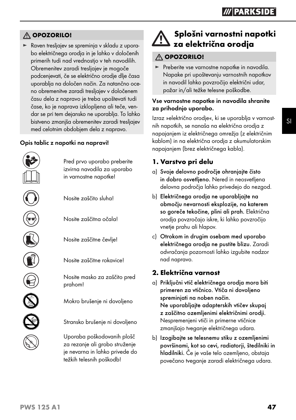 Splošni varnostni napotki za električna orodja | Parkside PWS 125 A1 User Manual | Page 50 / 105