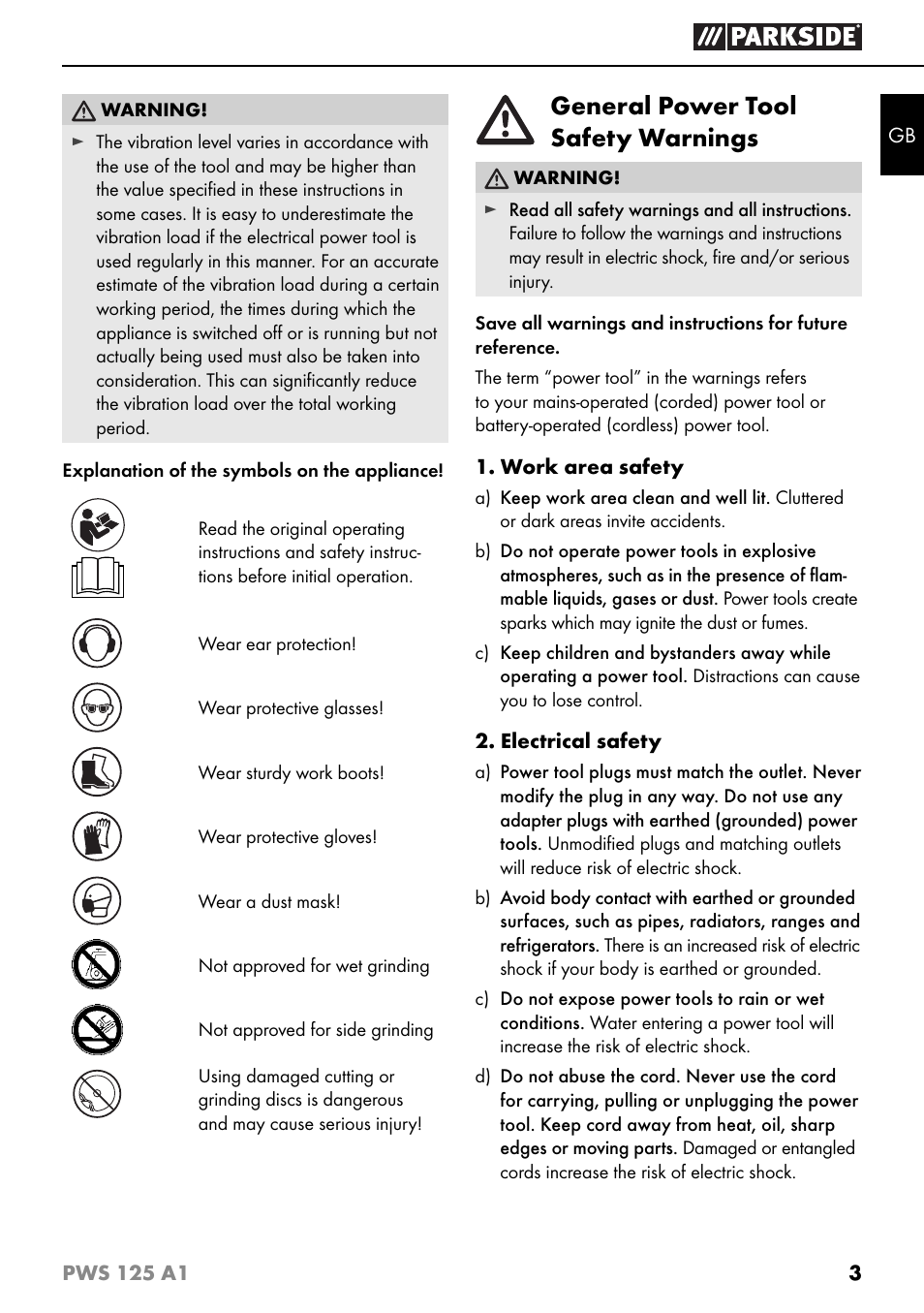 General power tool safety warnings | Parkside PWS 125 A1 User Manual | Page 6 / 105