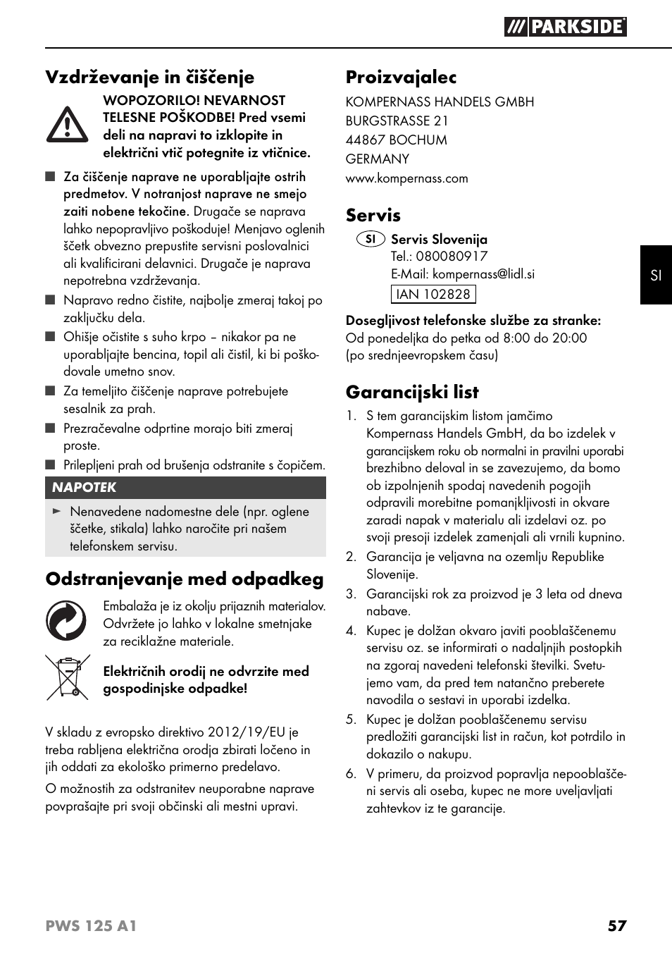 Vzdrževanje in čiščenje, Odstranjevanje med odpadkeg, Proizvajalec | Servis, Garancijski list | Parkside PWS 125 A1 User Manual | Page 60 / 105