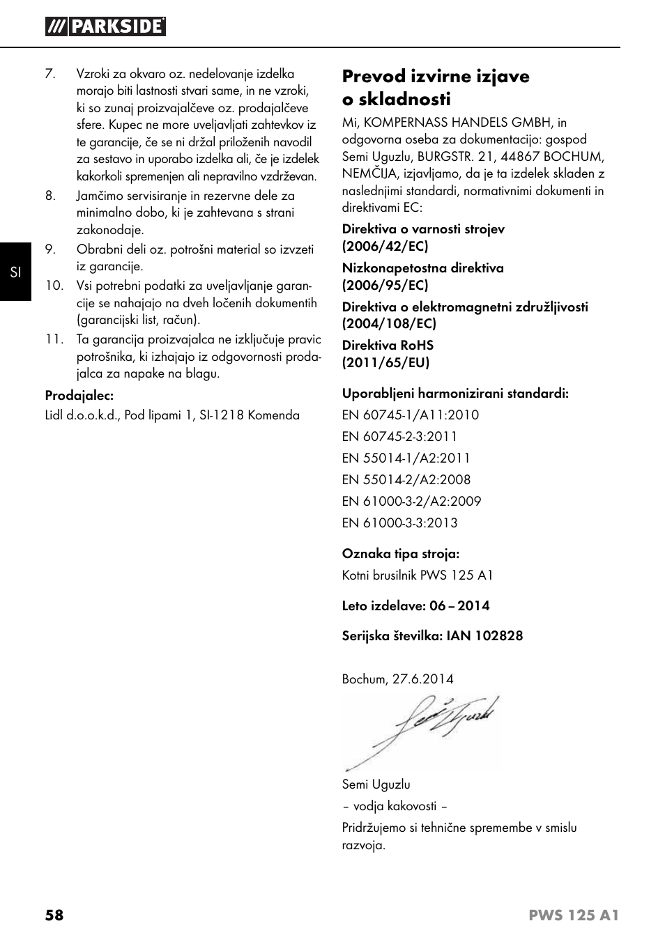 Prevod izvirne izjave o skladnosti | Parkside PWS 125 A1 User Manual | Page 61 / 105
