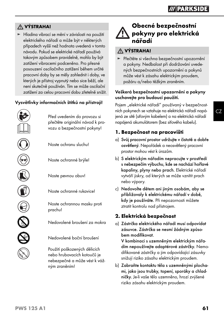 Obecné bezpečnostní pokyny pro elektrická nářadí | Parkside PWS 125 A1 User Manual | Page 64 / 105