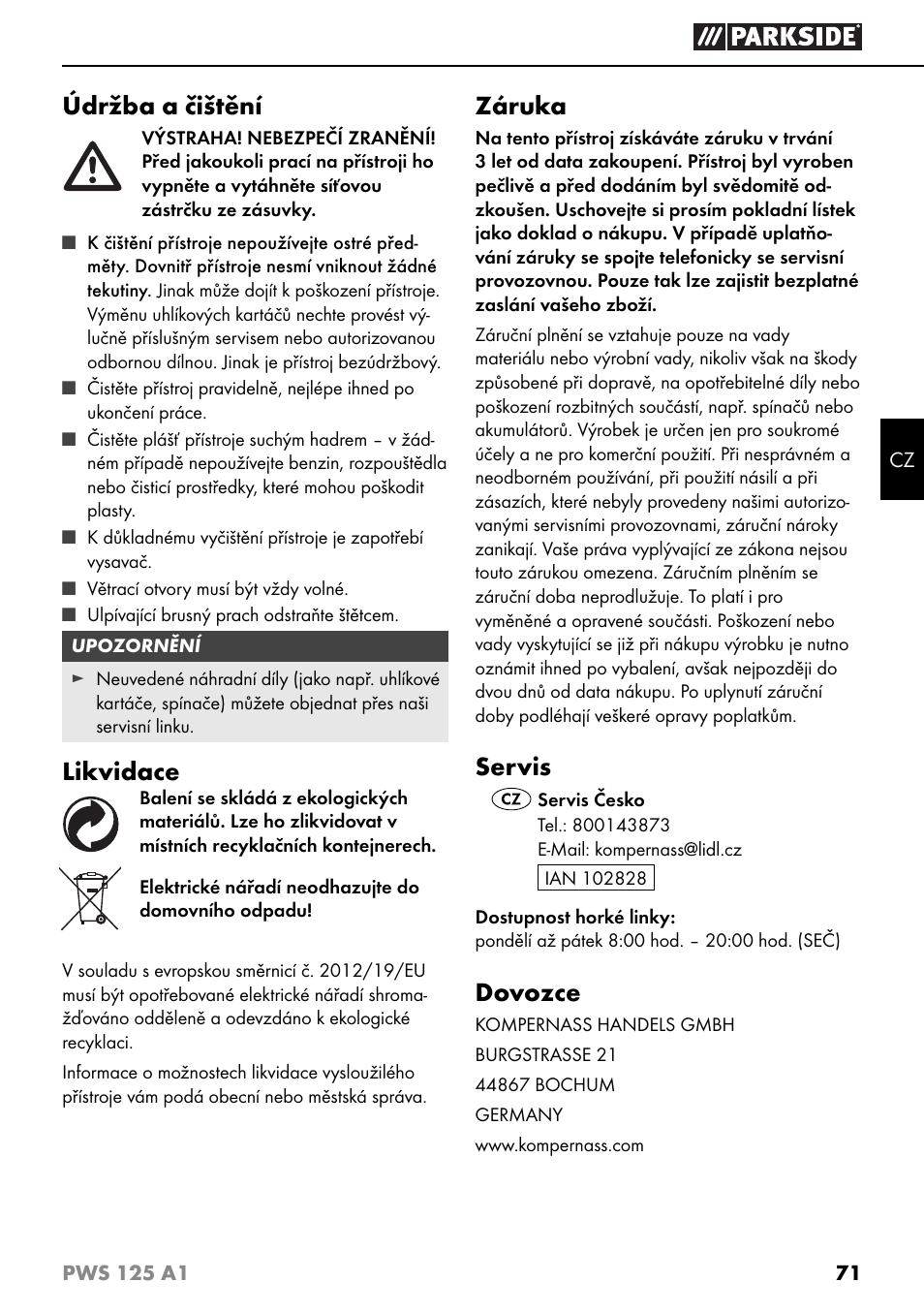 Údržba a čištění, Likvidace, Záruka | Servis, Dovozce | Parkside PWS 125 A1 User Manual | Page 74 / 105