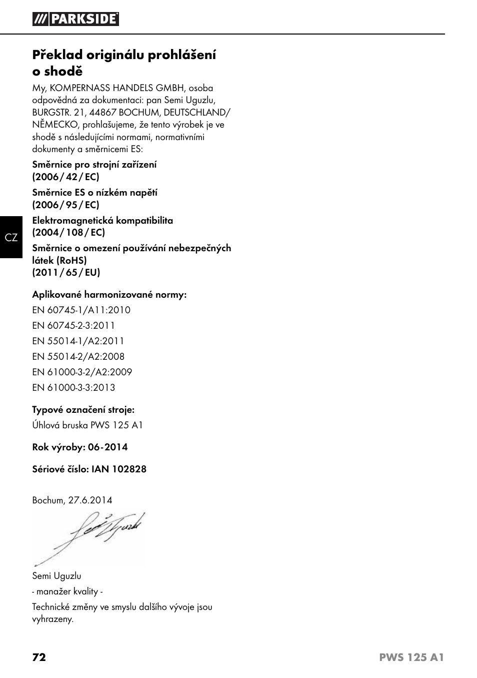 Překlad originálu prohlášení o shodě | Parkside PWS 125 A1 User Manual | Page 75 / 105