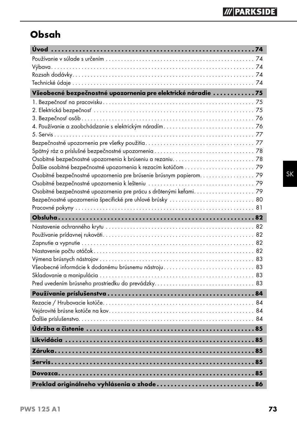 Parkside PWS 125 A1 User Manual | Page 76 / 105