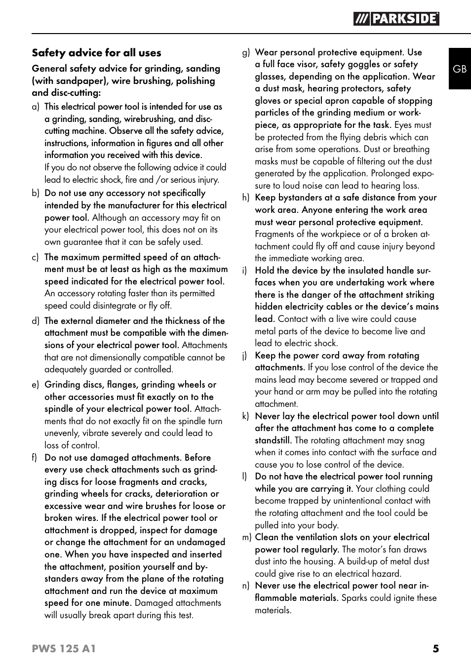 Parkside PWS 125 A1 User Manual | Page 8 / 105