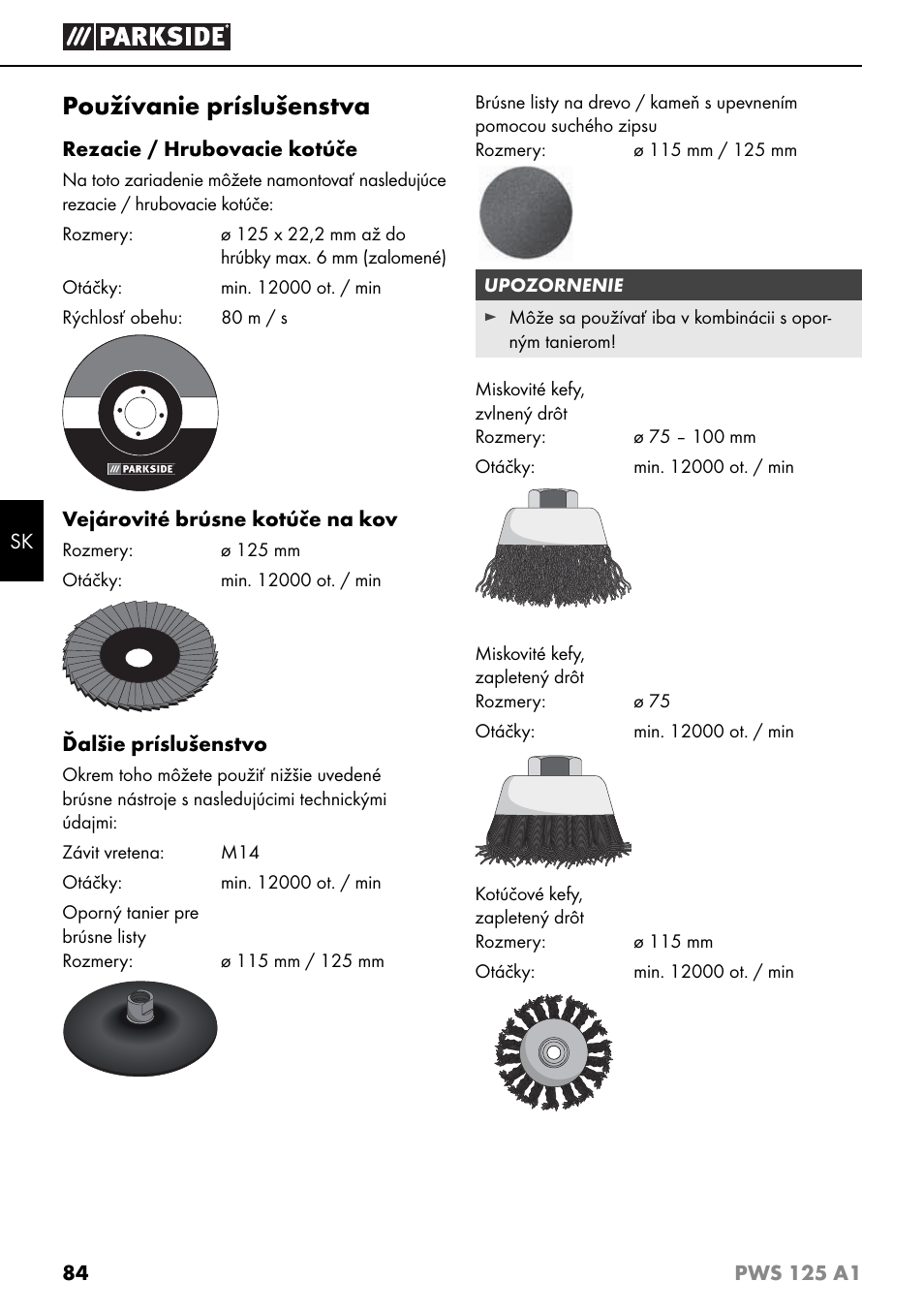 Používanie príslušenstva | Parkside PWS 125 A1 User Manual | Page 87 / 105