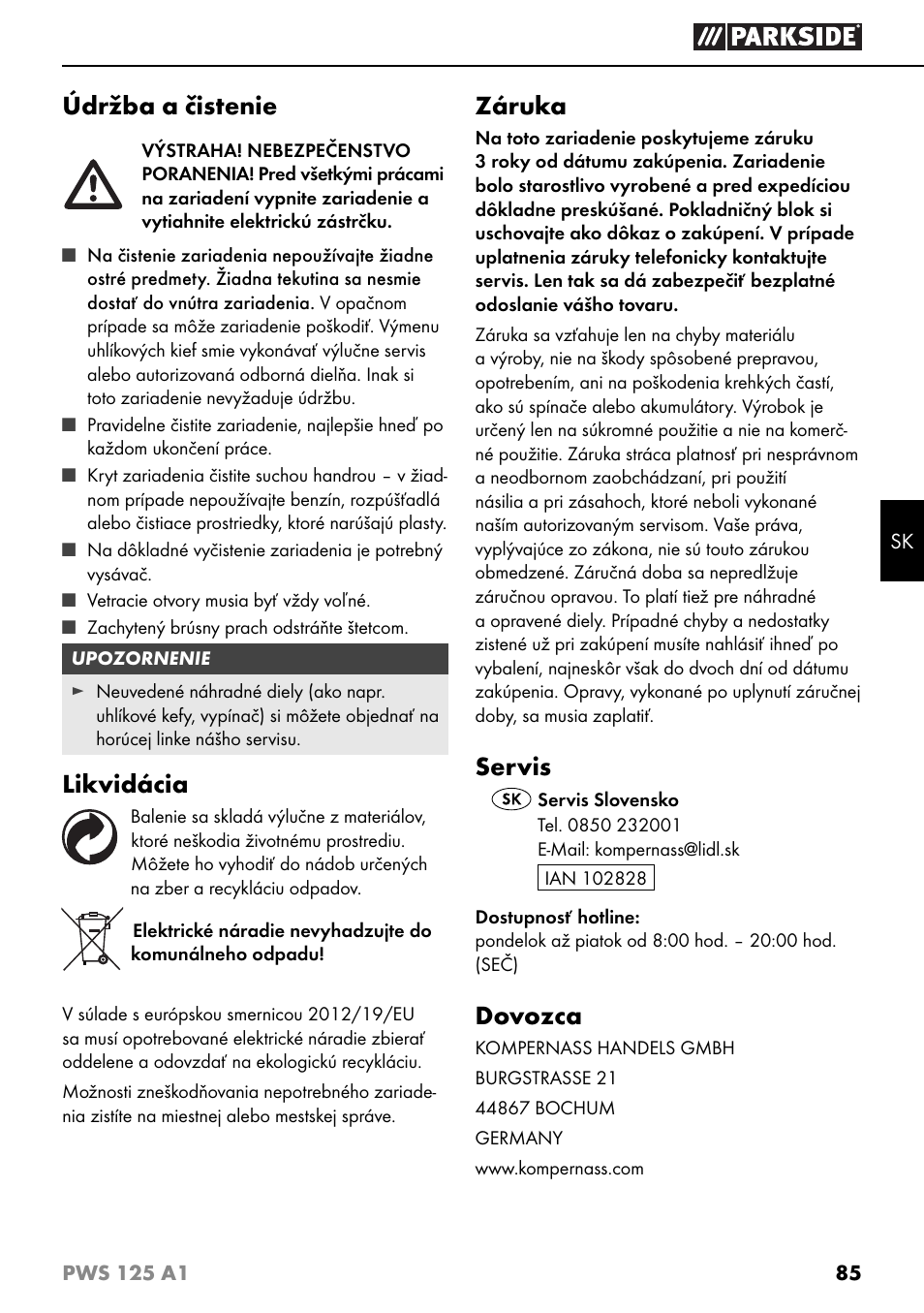 Údržba a čistenie, Likvidácia, Záruka | Servis, Dovozca | Parkside PWS 125 A1 User Manual | Page 88 / 105