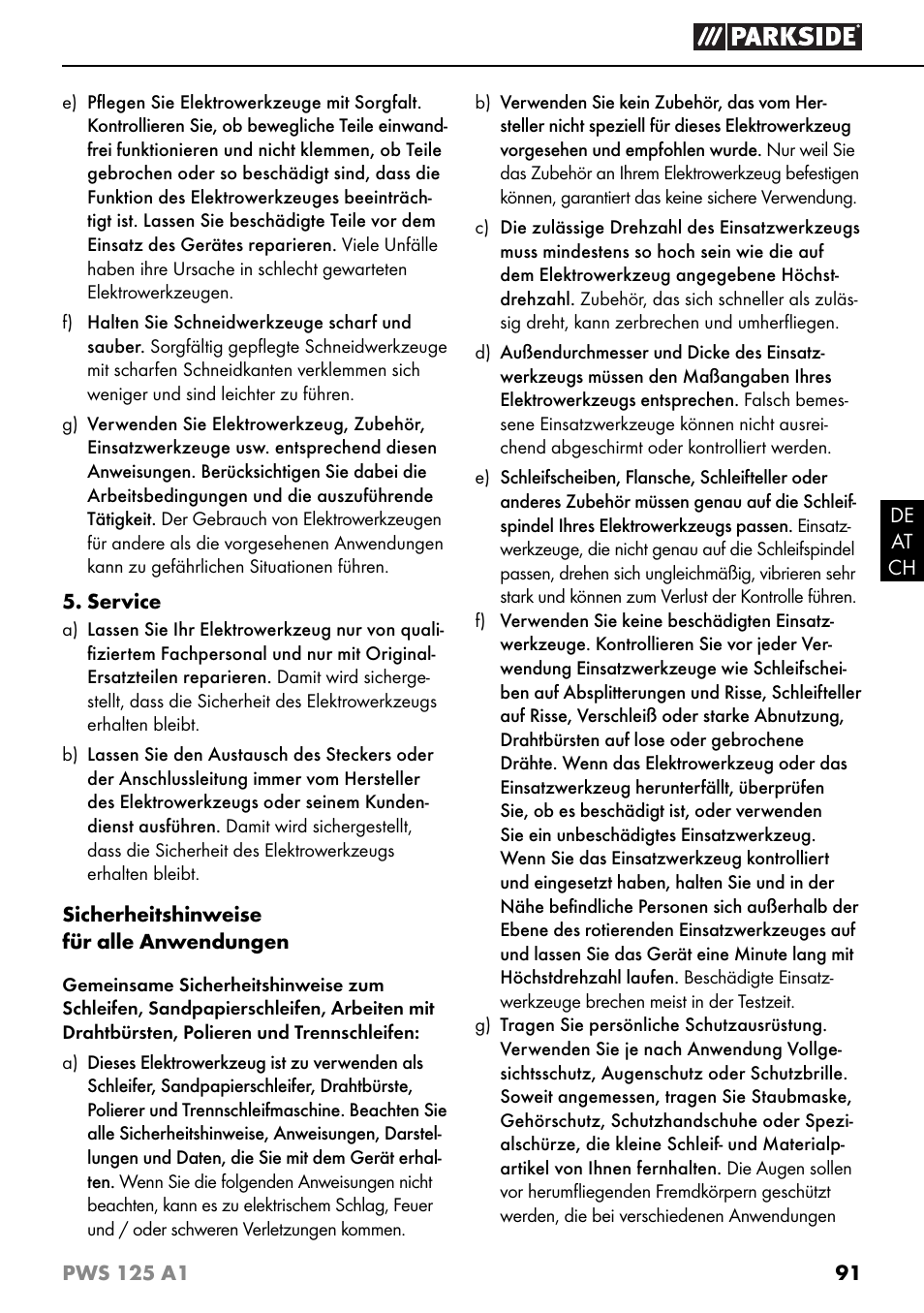 Parkside PWS 125 A1 User Manual | Page 94 / 105