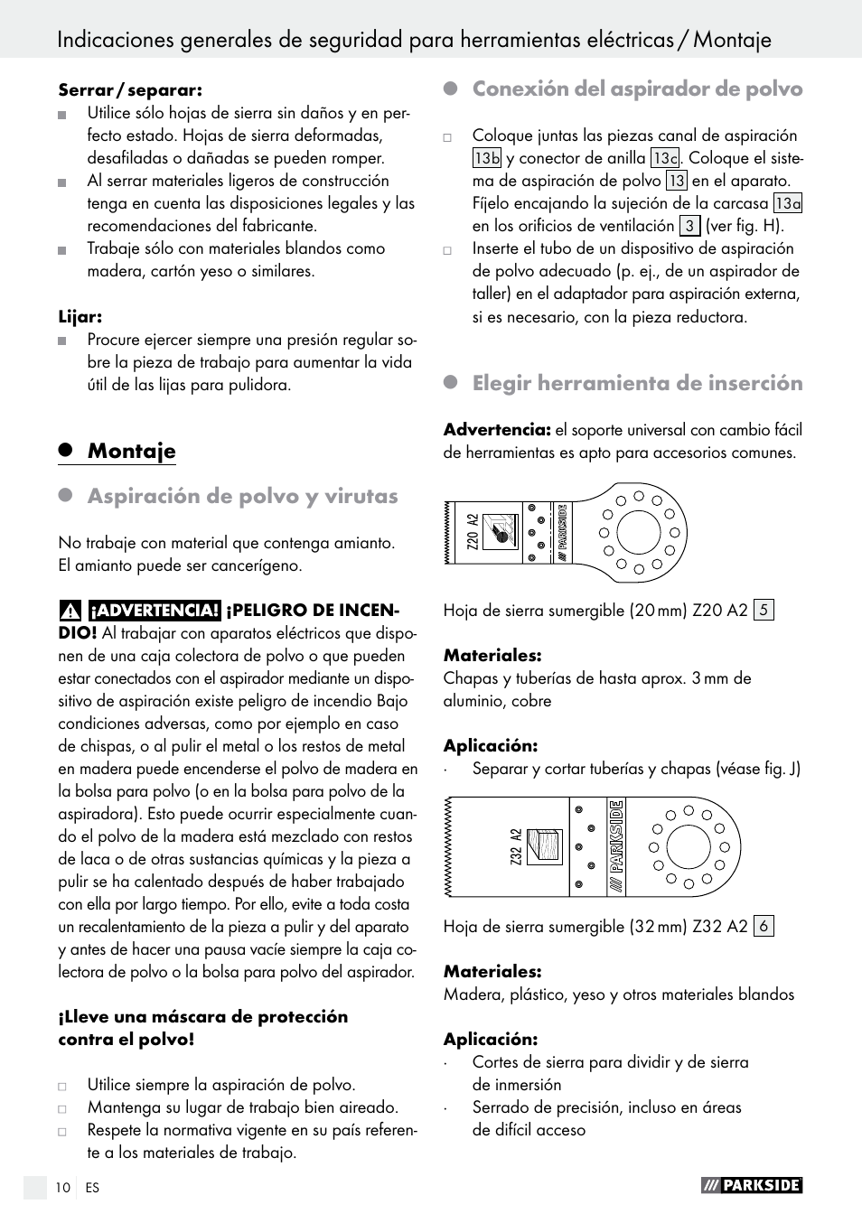 Montaje, Aspiración de polvo y virutas, Conexión del aspirador de polvo | Elegir herramienta de inserción | Parkside PMFW 310 A1 User Manual | Page 10 / 54