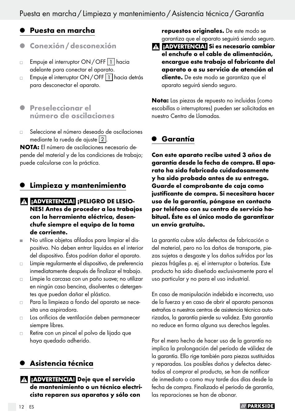 Puesta en marcha, Conexión / desconexión, Preseleccionar el número de oscilaciones | Limpieza y mantenimiento, Asistencia técnica, Garantía | Parkside PMFW 310 A1 User Manual | Page 12 / 54