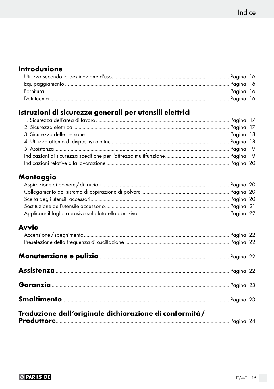 Indice | Parkside PMFW 310 A1 User Manual | Page 15 / 54