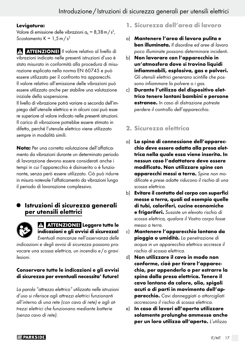 Sicurezza dell’area di lavoro, Sicurezza elettrica | Parkside PMFW 310 A1 User Manual | Page 17 / 54