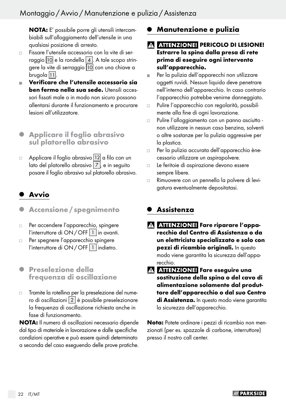 Avvio, Accensione / spegnimento, Preselezione della frequenza di oscillazione | Manutenzione e pulizia, Assistenza | Parkside PMFW 310 A1 User Manual | Page 22 / 54