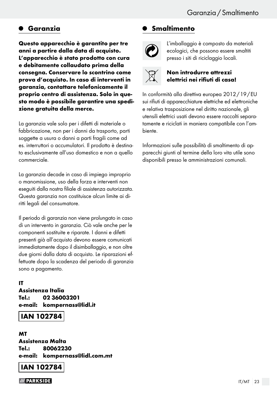 Garanzia, Smaltimento | Parkside PMFW 310 A1 User Manual | Page 23 / 54