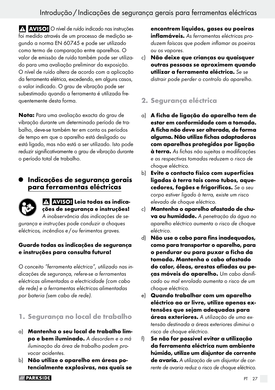 Segurança no local de trabalho, Segurança eléctrica | Parkside PMFW 310 A1 User Manual | Page 27 / 54