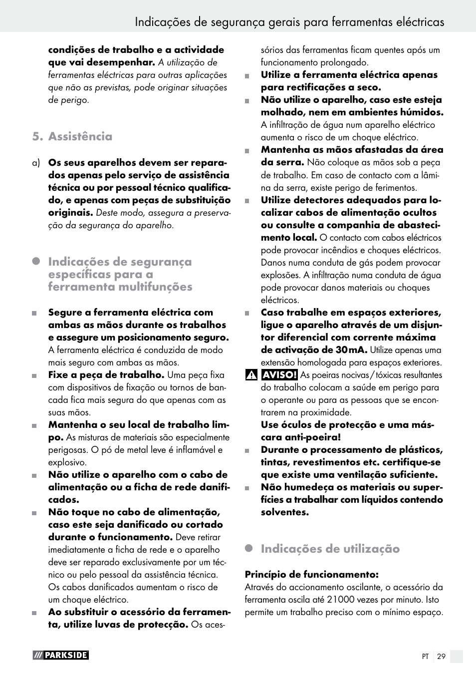 Assistência, Indicações de utilização | Parkside PMFW 310 A1 User Manual | Page 29 / 54