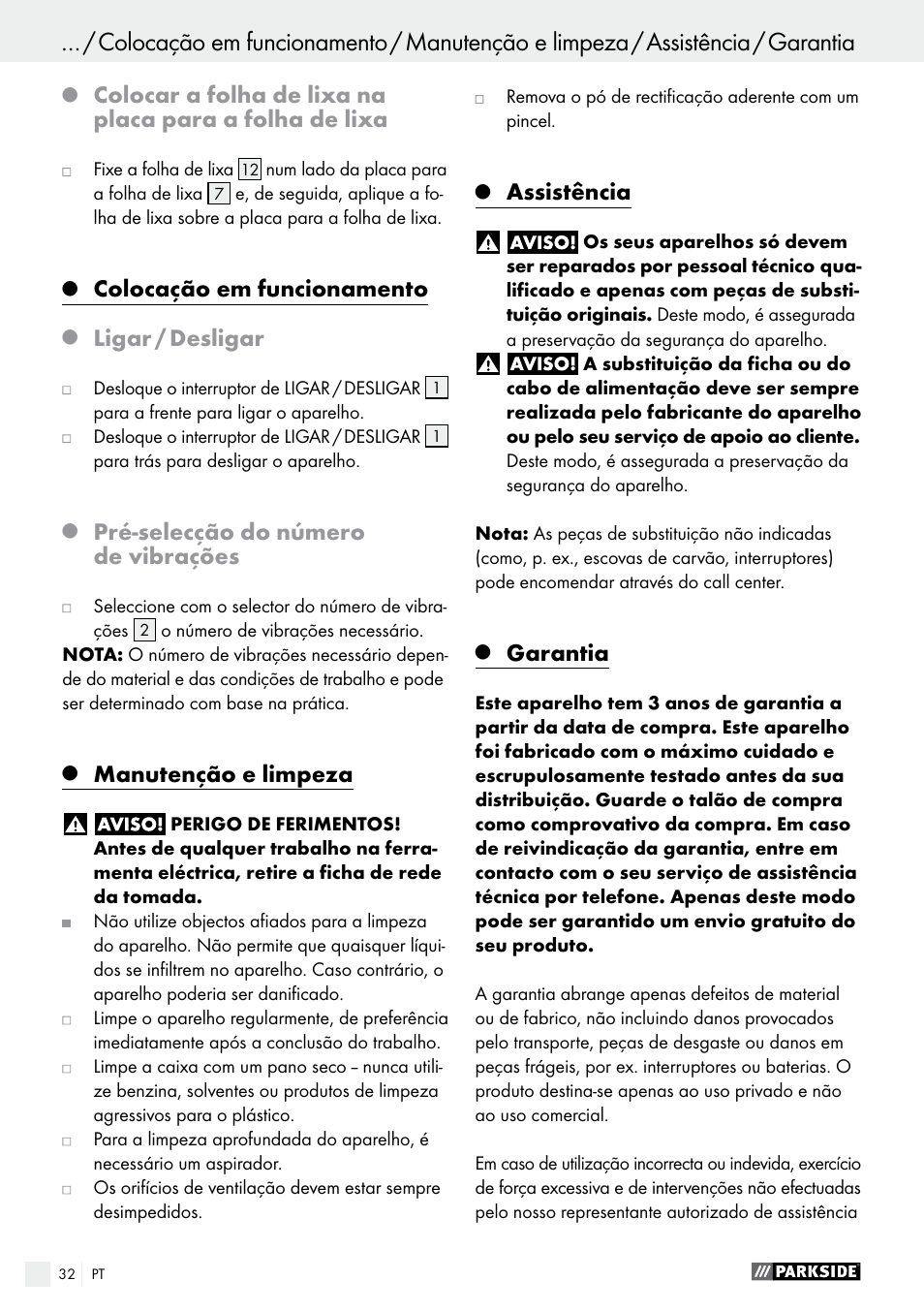 Colocação em funcionamento, Ligar / desligar, Pré­selecção do número de vibrações | Manutenção e limpeza, Assistência, Garantia | Parkside PMFW 310 A1 User Manual | Page 32 / 54