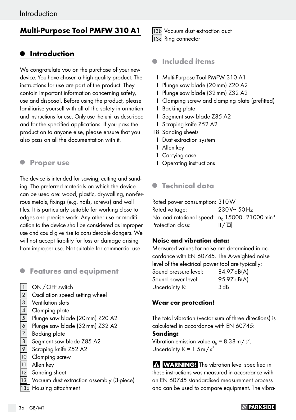 Multi­purpose tool pmfw 310 a1, Introduction, Proper use | Features and equipment, Included items, Technical data | Parkside PMFW 310 A1 User Manual | Page 36 / 54