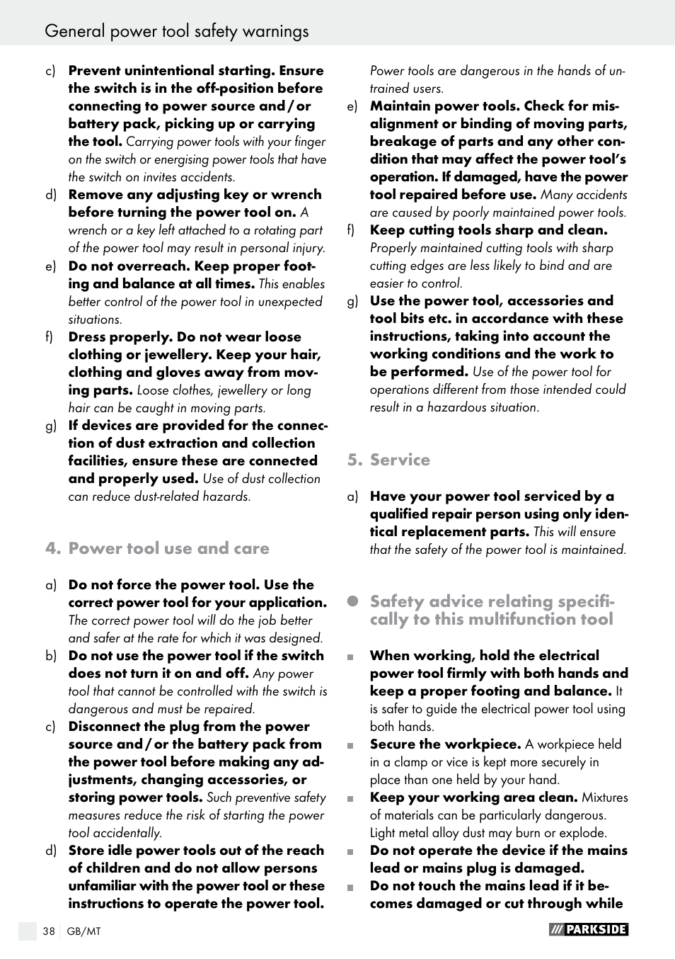 Power tool use and care, Service | Parkside PMFW 310 A1 User Manual | Page 38 / 54