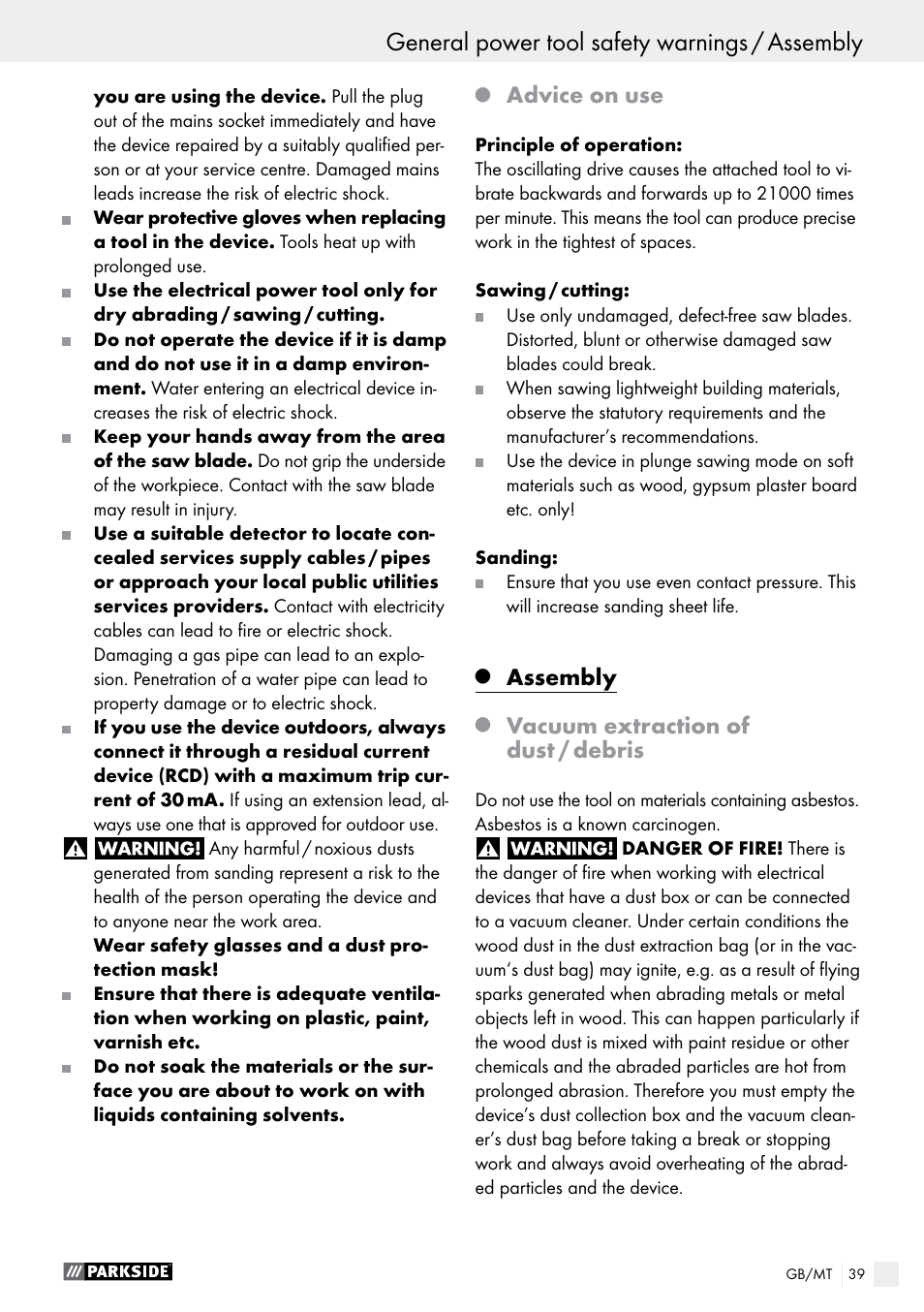 Advice on use, Assembly, Vacuum extraction of dust / debris | Parkside PMFW 310 A1 User Manual | Page 39 / 54