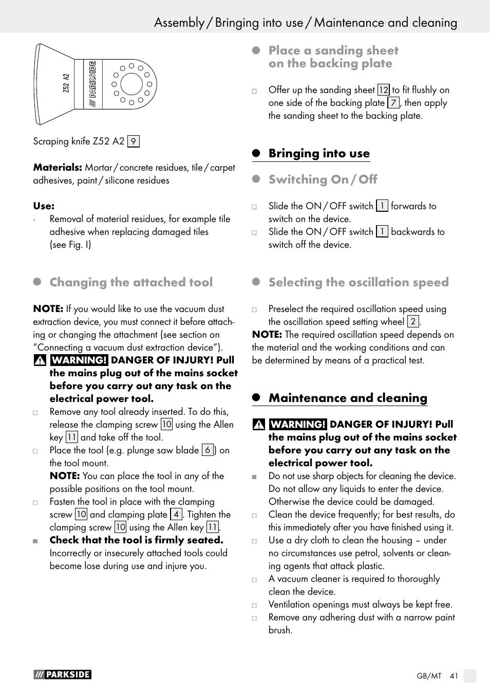 Changing the attached tool, Place a sanding sheet on the backing plate, Bringing into use | Switching on / off, Selecting the oscillation speed, Maintenance and cleaning | Parkside PMFW 310 A1 User Manual | Page 41 / 54