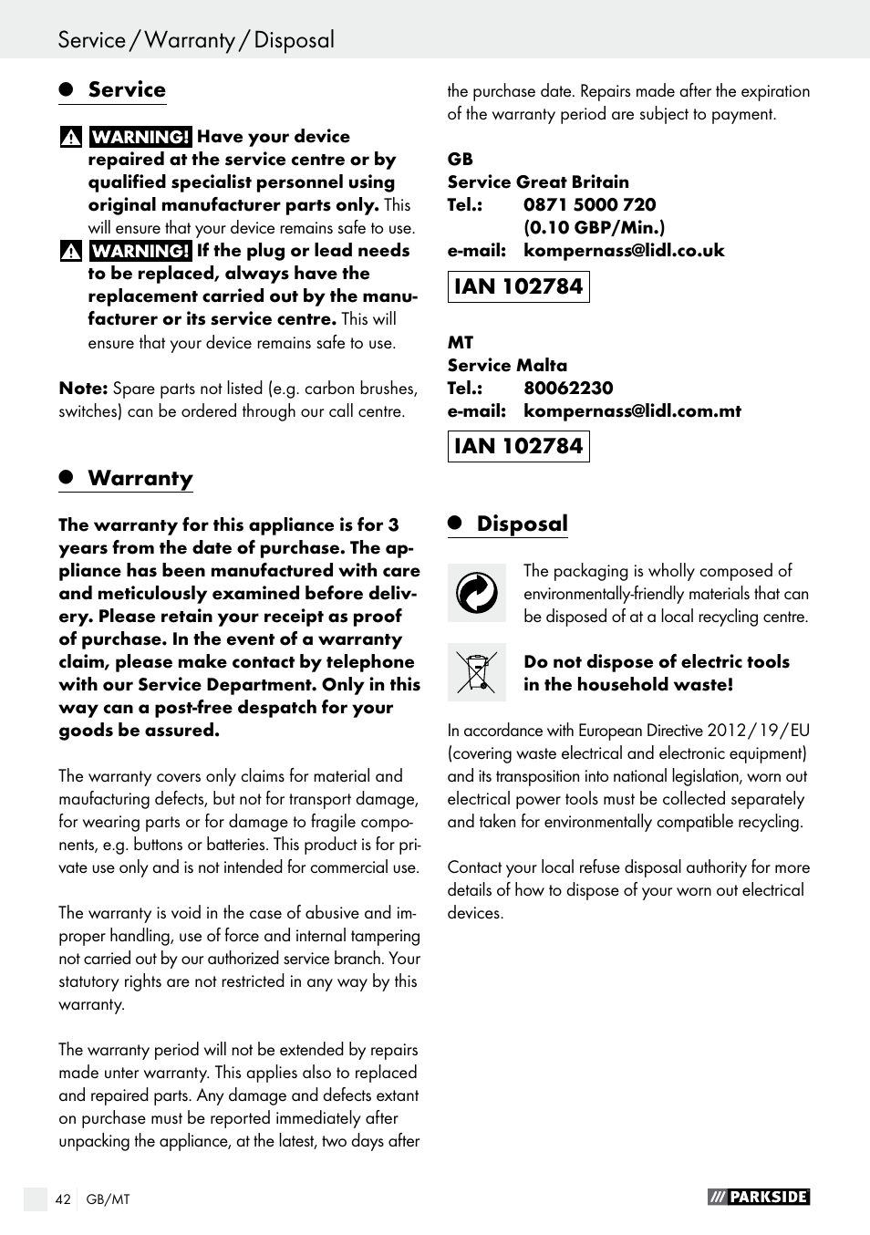 Service, Warranty, Disposal | Parkside PMFW 310 A1 User Manual | Page 42 / 54