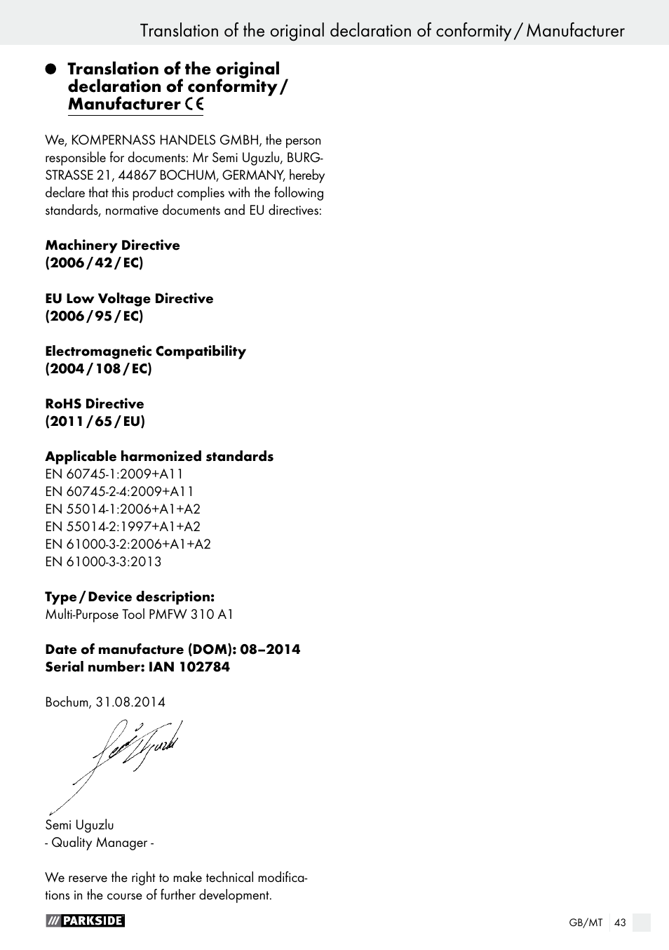 Parkside PMFW 310 A1 User Manual | Page 43 / 54