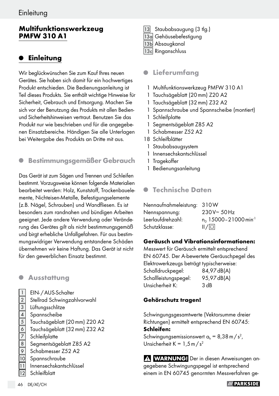 Einleitung, Multifunktionswerkzeug pmfw 310 a1, Bestimmungsgemäßer gebrauch | Ausstattung, Lieferumfang, Technische daten | Parkside PMFW 310 A1 User Manual | Page 46 / 54