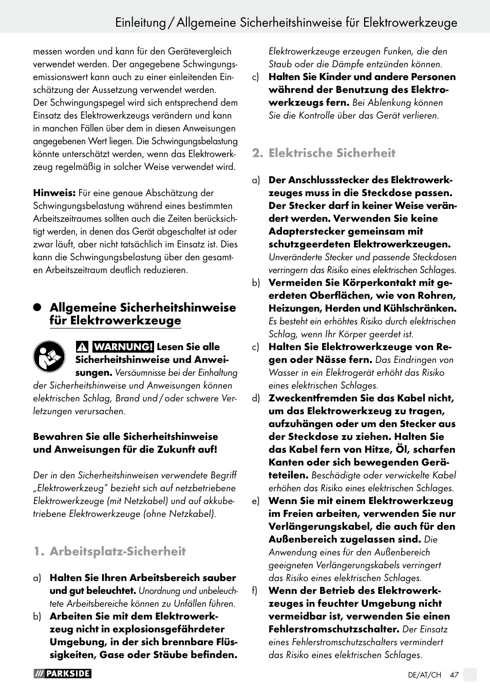 Arbeitsplatz­sicherheit, Elektrische sicherheit | Parkside PMFW 310 A1 User Manual | Page 47 / 54