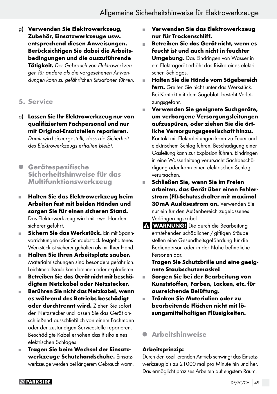 Service, Arbeitshinweise | Parkside PMFW 310 A1 User Manual | Page 49 / 54