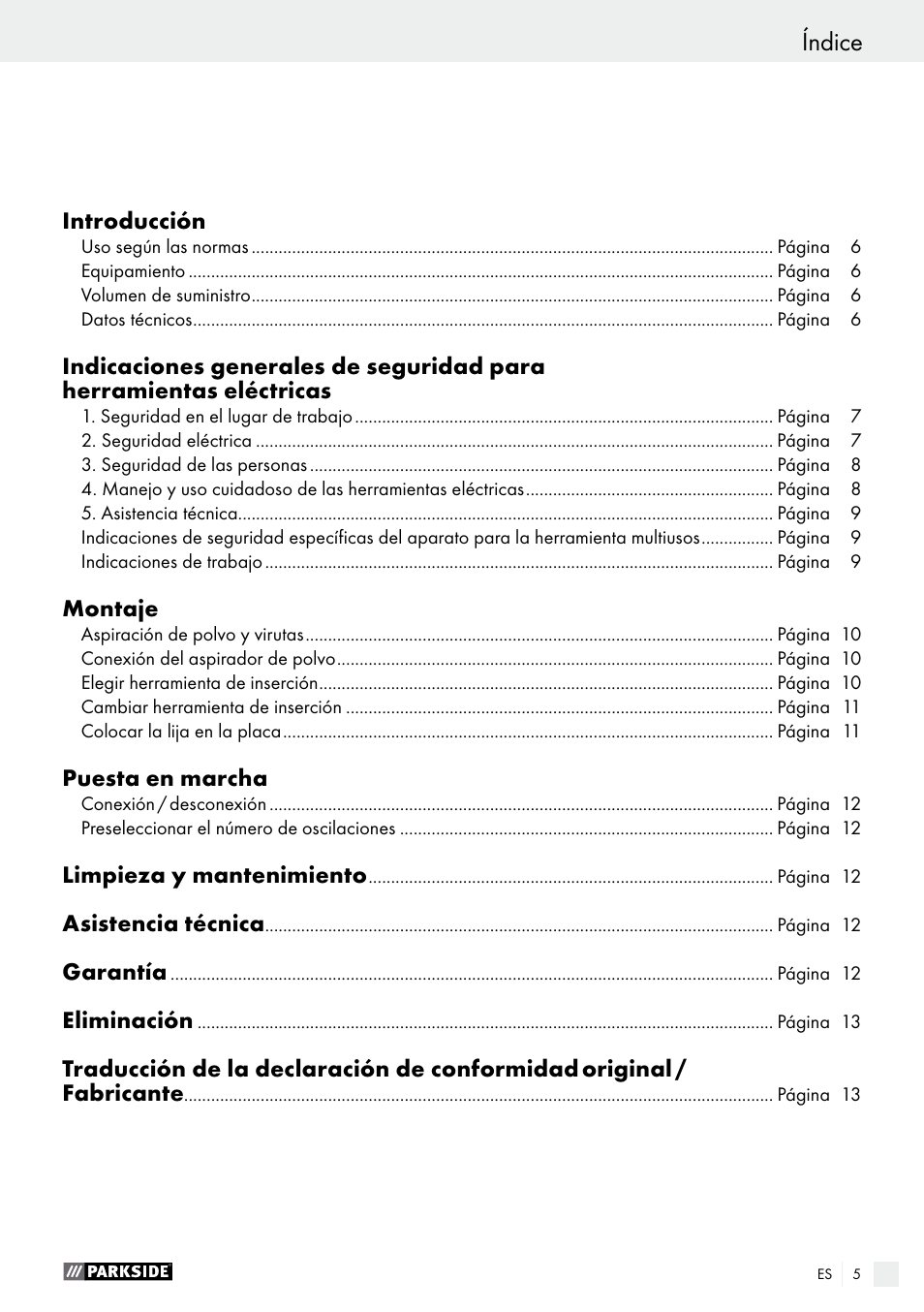 Índice | Parkside PMFW 310 A1 User Manual | Page 5 / 54