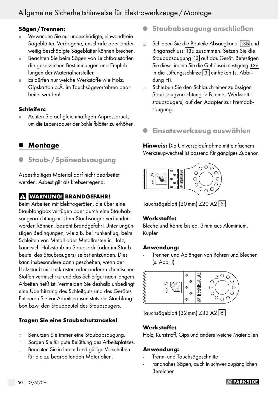 Montage, Staub­ / späneabsaugung, Staubabsaugung anschließen | Einsatzwerkzeug auswählen | Parkside PMFW 310 A1 User Manual | Page 50 / 54