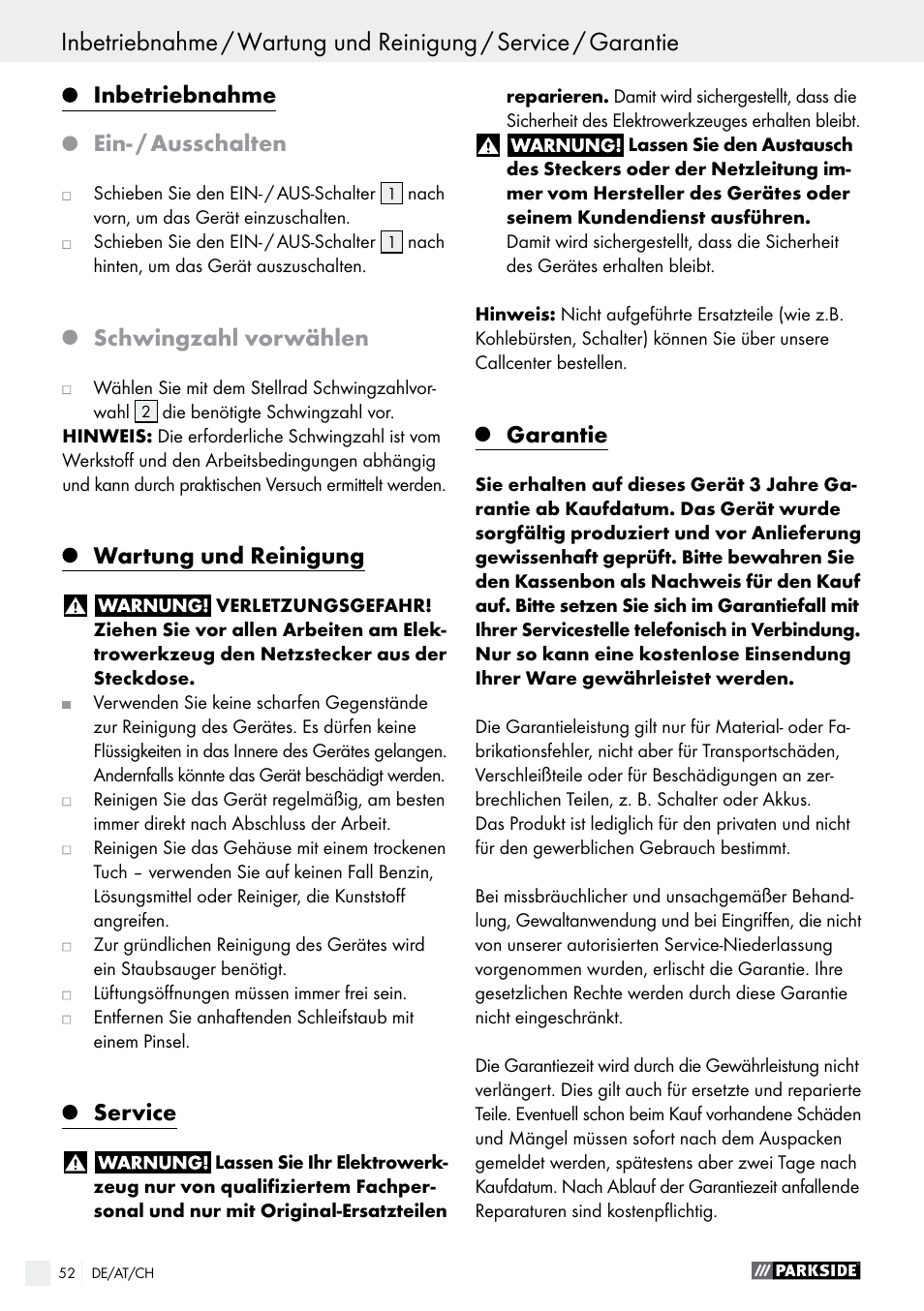 Inbetriebnahme, Ein­ / ausschalten, Schwingzahl vorwählen | Wartung und reinigung, Service, Garantie | Parkside PMFW 310 A1 User Manual | Page 52 / 54