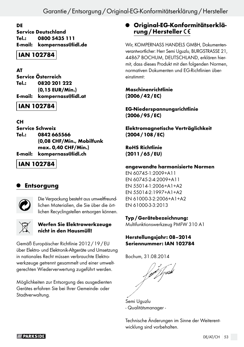 Parkside PMFW 310 A1 User Manual | Page 53 / 54